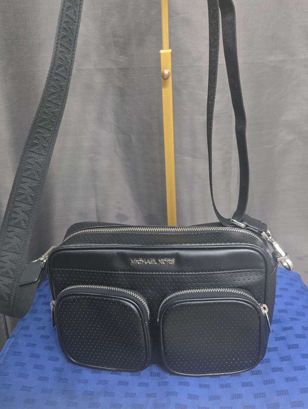 Michael Kors Black Perforated Leather Crossbody Bag with Dual Front Pockets